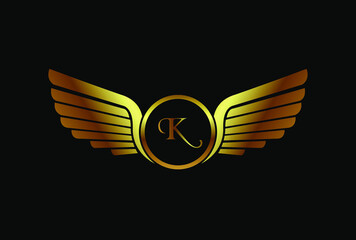 Wings logo element vector template design isolated on black background, two wings emblem with letter K logotype, modern creative trendy brand symbol