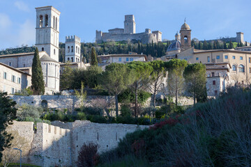 Assisi, Perugia. Veduta con campanile di santa Chiara  verso la Rocca Maggiore