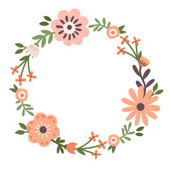 Simple flowers vector wreath. Minimalistic florals round frame