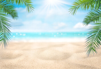 Summer vacation or holiday background. Tropical beach with sand, sea and coconut palm leaves. Can...