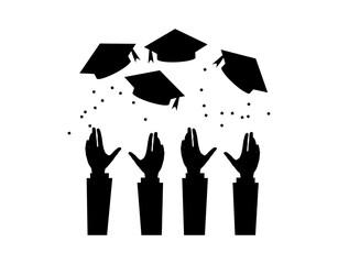Four graduates throwing graduation hats in the air.