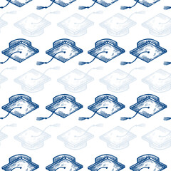 Graduate hats engraved seamless pattern. Vintage element education in hand drawn style.