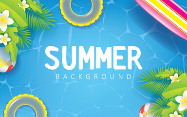 Summer Background Illustration Blue Ocean, plants, surfboard, and swim ring. Summer Vector Design