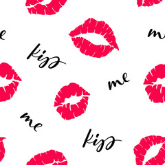 Kiss mark seamless pattern in red and pink colors. Lips prints silhouette. Stamp makeup printfrom mouth. Vector illustration