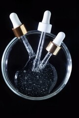 Transparent cosmetic liquid on Petri dish with pipette. Tonic or toner serum gel swath on black background. Mock up