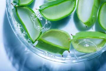 Aloe slices on Petri dish. Aloe cream gel swath. Mock up