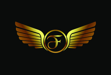 Obraz premium Wings logo element vector template design isolated on black background, two wings emblem with letter F logotype, modern creative trendy brand symbol