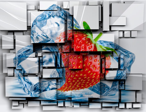 Strawberries with ice cubes and splashes. 3d image. Summer dessert.