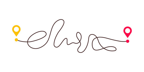 Complicated way and simple path from point A to B. Plans and real life chaos simplifying. Curved dashed line. Vector illustration