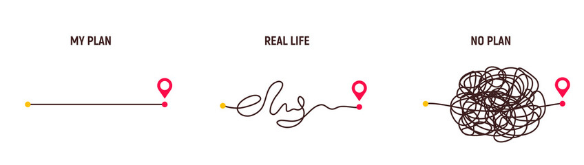 Complicated way and simple path from point A to B. Plans and real life chaos simplifying. Curved dashed line. Vector illustration