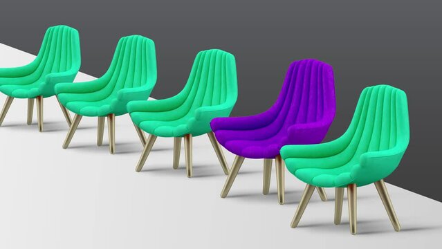 Group of Chairs with One unique armchair. Business concept of  Stand out from the crowd, Leadership and Job vacancy, Recuietement. 4k video 