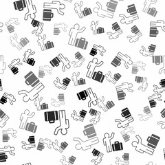 Obraz premium Black Tourist with suitcase icon isolated seamless pattern on white background. Travelling, vacation, tourism concept. Vector