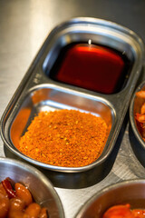 Close-up of dipping and dry dishes for Korean bulgogi