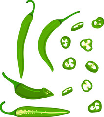 Hot pepper vector illustration. Hot pepper. Chilli. Cayenne pepper. Piece of pepper, pepper pieces with seeds, pepper circles, chopped pepper with seeds.