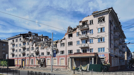 Fototapeta na wymiar The consequences of the explosion of the hotel Ukraine by a Russian missile.