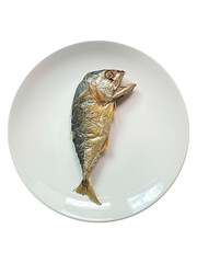 Fried mackerel isolated on white dish.