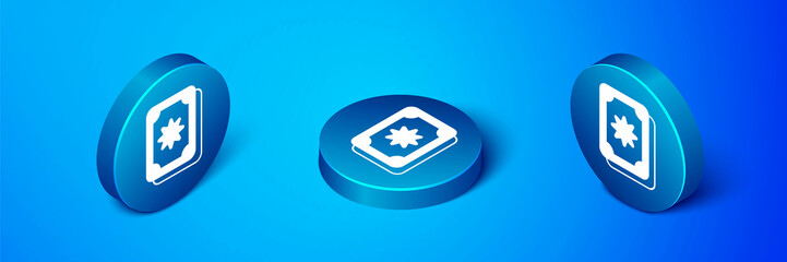 Isometric Tarot cards icon isolated on blue background. Magic occult set of tarot cards. Blue circle button. Vector