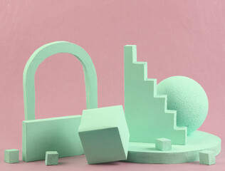 Scene with geometric shapes. Blue pink pastel trend. Minimalism. Creative composition, still life