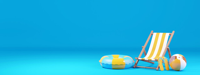 Gelber Liegestuhl mit gestreiftem aufblasbarem Ball und getreiftem Schwimmring, auf blauem Hintergrund, 3D Rendering, 3D Illustration - obrazy, fototapety, plakaty