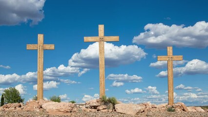 Three Christian Crosses with Cumulus Clouds Timelapse Zoom In