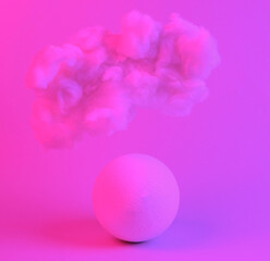 Floating fluffy cloud with ball in blue pink neon gradient light. Creative idea. Creative art. Minimalism