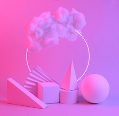 Modern abstract composition of geometric shapes and floating fluffy cloud in blue pink neon gradient light with circle. Creative idea. Concept art. Minimalism. Surrealism