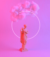 Modern abstract composition of antique statue and floating fluffy cloud in blue pink neon gradient light with ring. Creative idea. Concept art. Minimalism. Surrealism