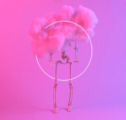 Concept art. Skeleton in floating fluffy cloud. Blue pink neon gradient light. Creative idea....