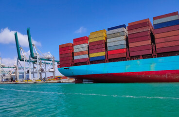 Container ship at Port Miami, one of the largest cargo ports in the US.