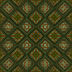 Abstract geometric seamless patternwith texture in green and orange colors.