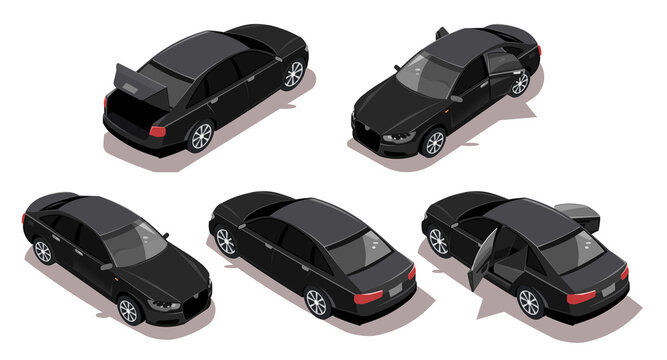 Black car in different isometric views isolated on white background. Black business sedan with open door and trunk. Side, front, rear view of executive automobile. Vector illustration