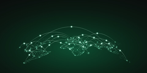 World map and its parts connected together with dots and lines. Concept of connection and communication technology on earth.