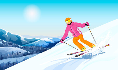 Advanced skier slides near mountain downhill. Sports descent on skis in mountains hills. Winter activity. Skiing in winter Alps. Winter sport resort with mountain landscape. Vector illustration - obrazy, fototapety, plakaty