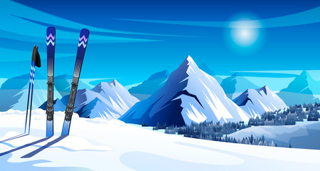 Paysage de montagne hivernal panoramique avec skis et bâtons de ski. Paysage coloré avec montagnes, rochers, sommets enneigés des Alpes, forêt, ciel et soleil. Illustration vectorielle