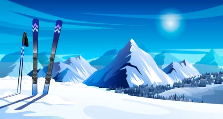 Photo sur Aluminium Bleu Paysage de montagne hivernal panoramique avec skis et bâtons de ski. Paysage coloré avec montagnes, rochers, sommets enneigés des Alpes, forêt, ciel et soleil. Illustration vectorielle