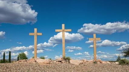 Three Christian Crosses with Cumulus Clouds Timelapse Wide