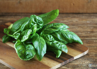 Basil leaves lie on a wooden board on the table. These are washed leaves
