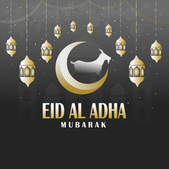 Eid Al Adha Mubarak luxury Islamic greeting background with decorative ornament golden lantern and Premium Vector.