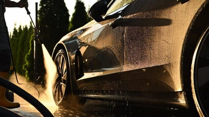 Men Washing His Car Using Pressure Washer