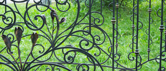 Fototapeta na wymiar Detail of openwork cast iron gate, green grass background. Outdoors.