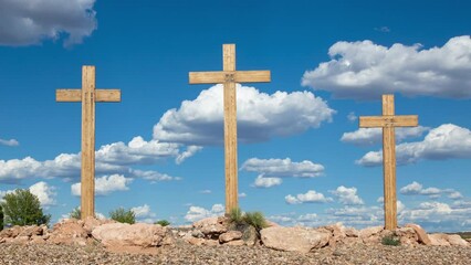 Three Christian Crosses with Cumulus Clouds Timelapse Tight Shot