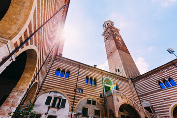 Verona, Italy - July 4, 2018 ower of Lambert in Verona, Italy. high tower with beautiful architecture - obrazy, fototapety, plakaty