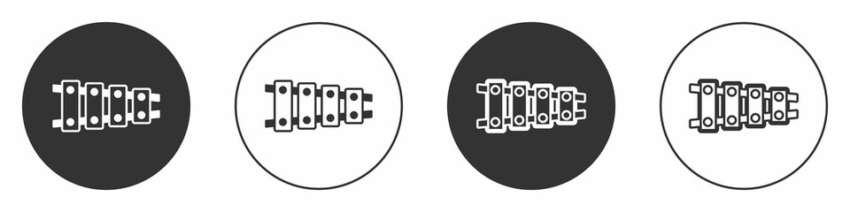 Black Xylophone - musical instrument with thirteen wooden bars and two percussion mallets icon isolated on white background. Circle button. Vector