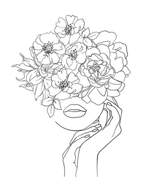 Woman Head with Flowers One Line Drawing. - Vector illustration