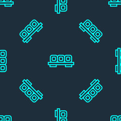 Green line Sushi on cutting board icon isolated seamless pattern on blue background. Asian food sushi on wooden board. Vector