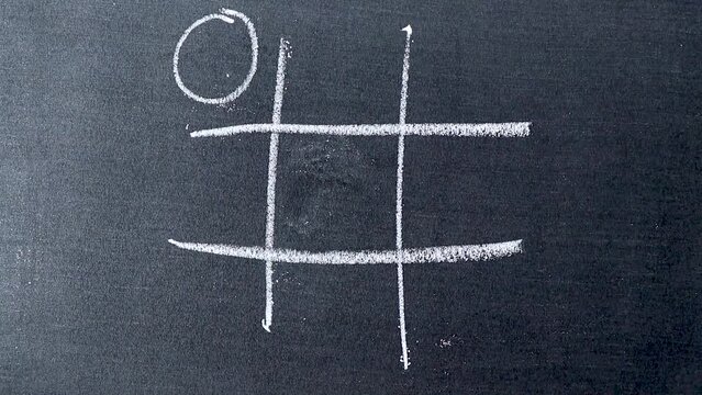 Hand hold white chalk drawing tic tac toe game on blackboard background and O is the win side