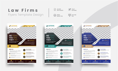 Professional corporate lawyer illustrator flyer templates for law firm brand identity promotion. Modern business attorney simple flyer design with the judicial background.