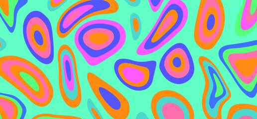 Psychedelic groovy background with colorful melting blobs and circles in retro 60s hippie art style.