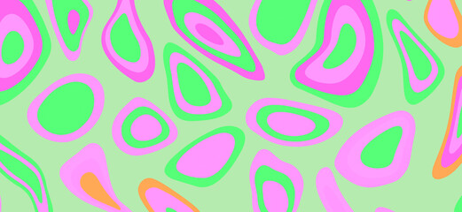 Psychedelic groovy background with colorful melting blobs and circles in retro 60s hippie art style.