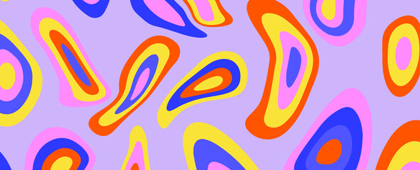 Psychedelic groovy background with colorful melting blobs and circles in retro 60s hippie art style.
